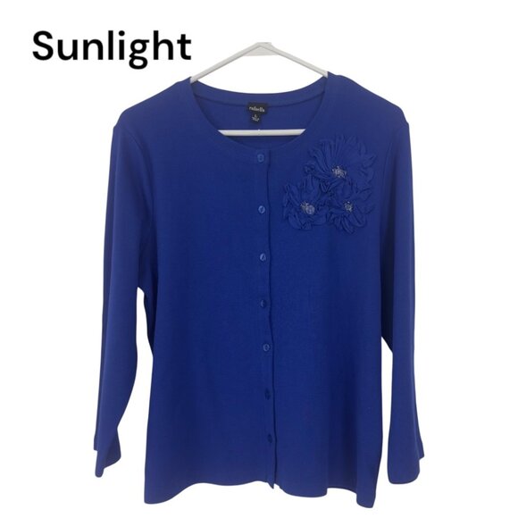 Rafaella Women Blue Button-Up Cardigan Floral Applique Design SZ L  Cotton Blend - Picture 1 of 12